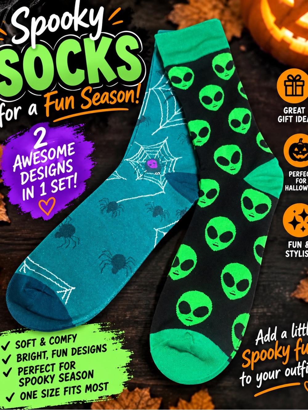 2pairs -Green Alien & Teal Spider Web Crew Socks-Halloween spooks